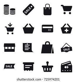 16 vector icon set : coin stack, sale, shopping bag, cart, add to cart, basket, credit card, add to basket, market, shopping list, atm receipt