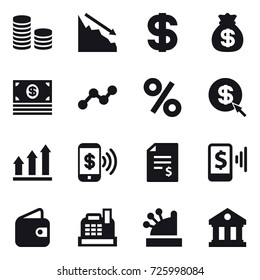 16 vector icon set : coin stack, crisis, dollar, money bag, money, graph, percent, dollar arrow, graph up, phone pay, account balance, mobile pay, wallet, cashbox, library