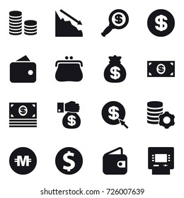 16 vector icon set : coin stack, crisis, dollar magnifier, dollar, wallet, purse, money bag, money, money gift, dollar arrow, virtual mining, crypto currency, dollar coin, atm