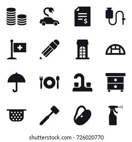 16 vector icon set : coin stack, electric car, account balance, pencil, building, greenhouse, cafe, water tap, nightstand, colander, meat hammer, sprayer