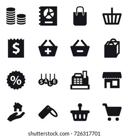 16 vector icon set : coin stack, annual report, shopping bag, basket, receipt, add to basket, remove from basket, percent, sale, cashbox, shop, real estate