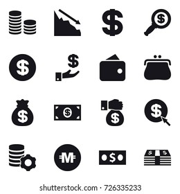 16 vector icon set : coin stack, crisis, dollar, dollar magnifier, investment, wallet, purse, money bag, money, money gift, dollar arrow, virtual mining, crypto currency