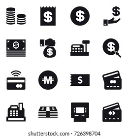 16 vector icon set : coin stack, receipt, dollar, investment, money, money gift, cashbox, dollar arrow, tap to pay, crypto currency, credit card, atm