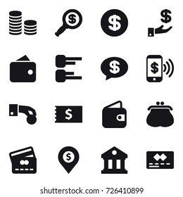 16 vector icon set : coin stack, dollar magnifier, dollar, investment, wallet, diagram, money message, phone pay, hand coin, receipt, purse, credit card, dollar pin, library