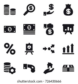 16 vector icon set : coin stack, dollar magnifier, investment, money bag, money, money gift, presentation, percent, core splitting, graph up, virtual mining, hand coin, real estate