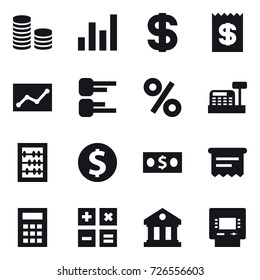 16 vector icon set : coin stack, graph, dollar, receipt, statistic, diagram, percent, cashbox, abacus, dollar coin, money, atm receipt, calculator, library, atm