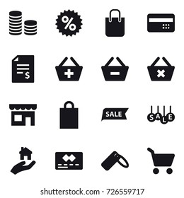 16 vector icon set : coin stack, percent, shopping bag, credit card, account balance, add to basket, remove from basket, delete cart, shop, sale, real estate, cart