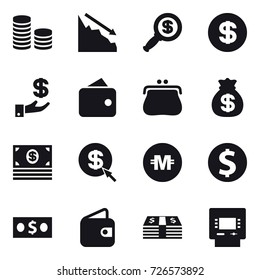 16 vector icon set : coin stack, crisis, dollar magnifier, dollar, investment, wallet, purse, money bag, money, dollar arrow, crypto currency, dollar coin, atm 16 vector icon set : coin stack, crisis, dollar magnifier, dollar, investment, wallet, purse, money bag, money, dollar arrow, crypto currency, dollar coin, atm
