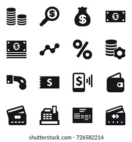 16 vector icon set : coin stack, dollar magnifier, money bag, money, graph, percent, virtual mining, hand coin, receipt, mobile pay, wallet, credit card, cashbox