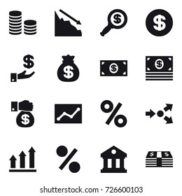 16 vector icon set : coin stack, crisis, dollar magnifier, dollar, investment, money bag, money, money gift, statistic, percent, core splitting, graph up, library