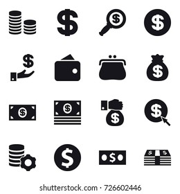 16 vector icon set : coin stack, dollar, dollar magnifier, investment, wallet, purse, money bag, money, money gift, dollar arrow, virtual mining, dollar coin