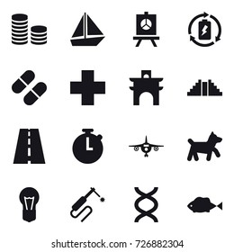 16 vector icon set : coin stack, boat, presentation, battery charge, arch, pyramid, plane, dog
