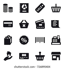 16 vector icon set : coin stack, annual report, sale, basket, credit card, delete cart, shopping list, shopping bag, percent, barcode, cashbox, real estate, shop