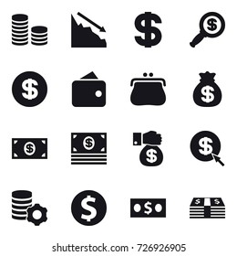 16 vector icon set : coin stack, crisis, dollar, dollar magnifier, wallet, purse, money bag, money, money gift, dollar arrow, virtual mining, dollar coin