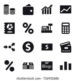 16 vector icon set : coin stack, wallet, diagram, statistic, annual report, percent, cashbox, calculator, core splitting, dollar coin, receipt, credit card
