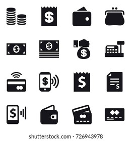 16 vector icon set : coin stack, receipt, wallet, purse, money, money gift, cashbox, tap to pay, phone pay, account balance, mobile pay, credit card
