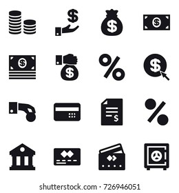 16 vector icon set : coin stack, investment, money bag, money, money gift, percent, dollar arrow, hand coin, credit card, account balance, library, safe