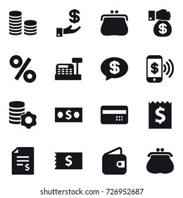 16 vector icon set : coin stack, investment, purse, money gift, percent, cashbox, money message, phone pay, virtual mining, money, credit card, receipt, account balance, wallet