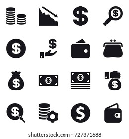 16 vector icon set : coin stack, crisis, dollar, dollar magnifier, investment, wallet, purse, money bag, money, money gift, dollar arrow, virtual mining, dollar coin