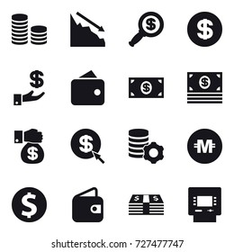 16 vector icon set : coin stack, crisis, dollar magnifier, dollar, investment, wallet, money, money gift, dollar arrow, virtual mining, crypto currency, dollar coin, atm