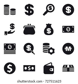 16 vector icon set : coin stack, dollar, dollar magnifier, investment, purse, money bag, money, dollar arrow, virtual mining, crypto currency, dollar coin, wallet