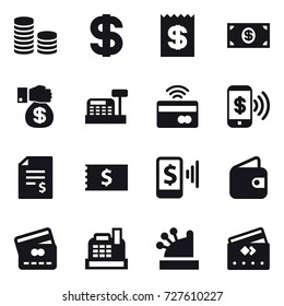 16 vector icon set : coin stack, dollar, receipt, money, money gift, cashbox, tap to pay, phone pay, account balance, mobile pay, wallet, credit card