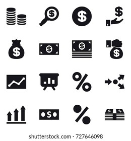16 vector icon set : coin stack, dollar magnifier, dollar, investment, money bag, money, money gift, statistic, presentation, percent, core splitting, graph up