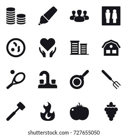16 vector icon set : coin stack, marker, group, wc, district, house, tennis, water tap, pan, big fork, meat hammer, grape