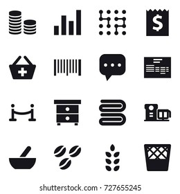 16 vector icon set : coin stack, graph, chip, receipt, add to basket, barcode, vip fence, nightstand, towel, mortar, coffee seeds, spikelets, trash bin