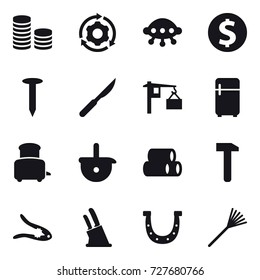 16 vector icon set : coin stack, around gear, ufo, dollar coin, nail, fridge, toaster, walnut crack, knife holder, horseshoe, rake