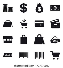 16 vector icon set : coin stack, dollar, money bag, money, shopping bag, add to cart, credit card, market, sale, barcode