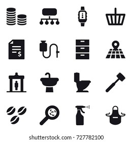 16 vector icon set : coin stack, structure, smartwatch, basket, account balance, detector, toilet, meat hammer, coffee seeds, viruses, sprayer, apron