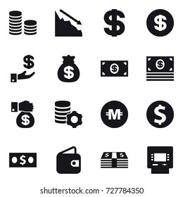 16 vector icon set : coin stack, crisis, dollar, investment, money bag, money, money gift, virtual mining, crypto currency, dollar coin, wallet, atm