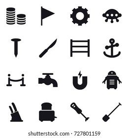 16 vector icon set : coin stack, flag, gear, ufo, nail, vip fence, water tap, knife holder, shovel