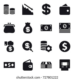 16 vector icon set : coin stack, crisis, dollar, wallet, purse, money bag, money, money gift, dollar arrow, virtual mining, dollar coin, atm
