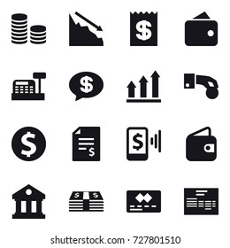 16 vector icon set : coin stack, crisis, receipt, wallet, cashbox, money message, graph up, hand coin, dollar coin, account balance, mobile pay, library