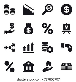 16 vector icon set : coin stack, crisis, dollar magnifier, dollar, investment, money bag, percent, presentation, core splitting, graph up, virtual mining, hand coin, library, real estate