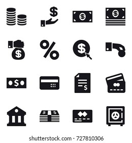 16 vector icon set : coin stack, investment, money, money gift, percent, dollar arrow, hand coin, credit card, account balance, library, safe