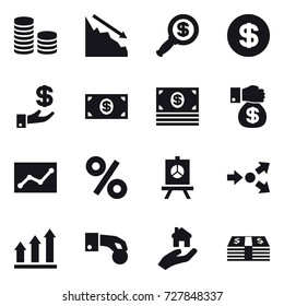 16 vector icon set : coin stack, crisis, dollar magnifier, dollar, investment, money, money gift, statistic, percent, presentation, core splitting, graph up, hand coin, real estate