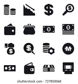 16 vector icon set : coin stack, crisis, dollar, dollar magnifier, wallet, purse, money, money gift, dollar arrow, virtual mining, crypto currency, atm