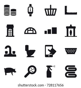 16 vector icon set : coin stack, smartwatch, basket, ruler, building, greenhouse, detector, water tap, toilet, kolander, pig, viruses, sprayer, stack of towels