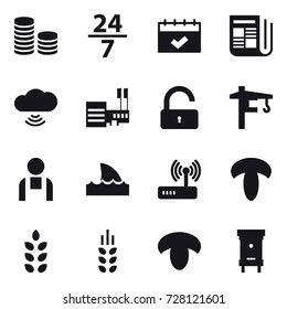 16 vector icon set : coin stack, 24/7, calendar, newspaper, cloud wireless, mall, unlock, tower crane, shark flipper, spikelets, mushroom, hive