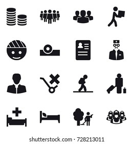 16 Vector Icon Set : Coin Stack, Team, Group, Courier, Tourist, Passenger, Hospital, Bed, Garden Cleaning, Outsource