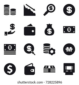 16 vector icon set : coin stack, crisis, dollar magnifier, dollar, investment, wallet, money bag, money, dollar arrow, virtual mining, crypto currency, dollar coin, atm