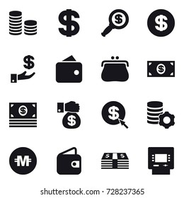 16 vector icon set : coin stack, dollar, dollar magnifier, investment, wallet, purse, money, money gift, dollar arrow, virtual mining, crypto currency, atm