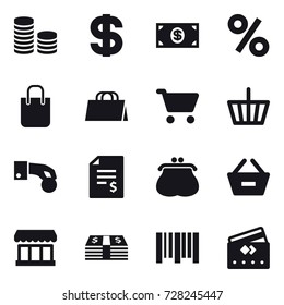 16 vector icon set : coin stack, dollar, money, percent, shopping bag, cart, basket, hand coin, account balance, purse, remove from basket, market, credit card
