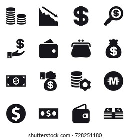 16 vector icon set : coin stack, crisis, dollar, dollar magnifier, investment, wallet, purse, money bag, money, money gift, virtual mining, crypto currency, dollar coin