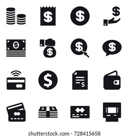 16 vector icon set : coin stack, receipt, dollar, investment, money, money gift, dollar arrow, money message, tap to pay, dollar coin, account balance, wallet, credit card, atm