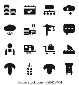 16 vector icon set : coin stack, calendar, structure, cloude service, cloud wireless, mall, tower crane, trailer, baggage trolley, shark flipper, spikelets, mushroom, hive