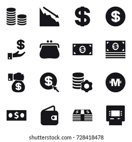 16 vector icon set : coin stack, crisis, dollar, investment, purse, money, money gift, dollar arrow, virtual mining, crypto currency, wallet, atm